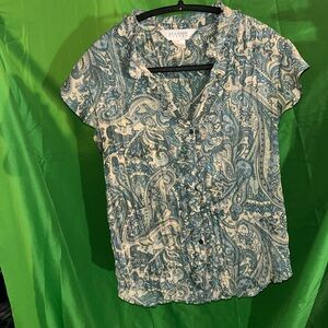 Allison Taylor Green & Blue, Paisley, Ruffles All Over, Pleated Blouse